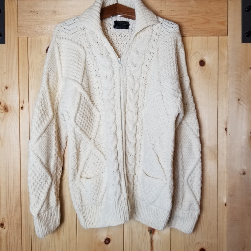 Otavalo Cream Wool Hand Made Cable Chunky Knit Full Zip Cardigan Sweater
